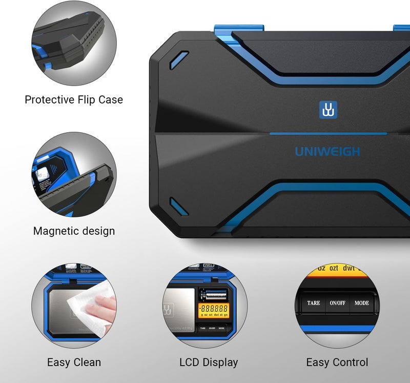 UNIWEIGH Digital Pocket Scale 200g/0.01g, Digital Gram Scale, Mini Jewelry Scales Digital Weight Grams with 50g Cal Weights for Food,Jewelry,Coins,Small Items,Coffee (Battery Included)-Blue - Image 3